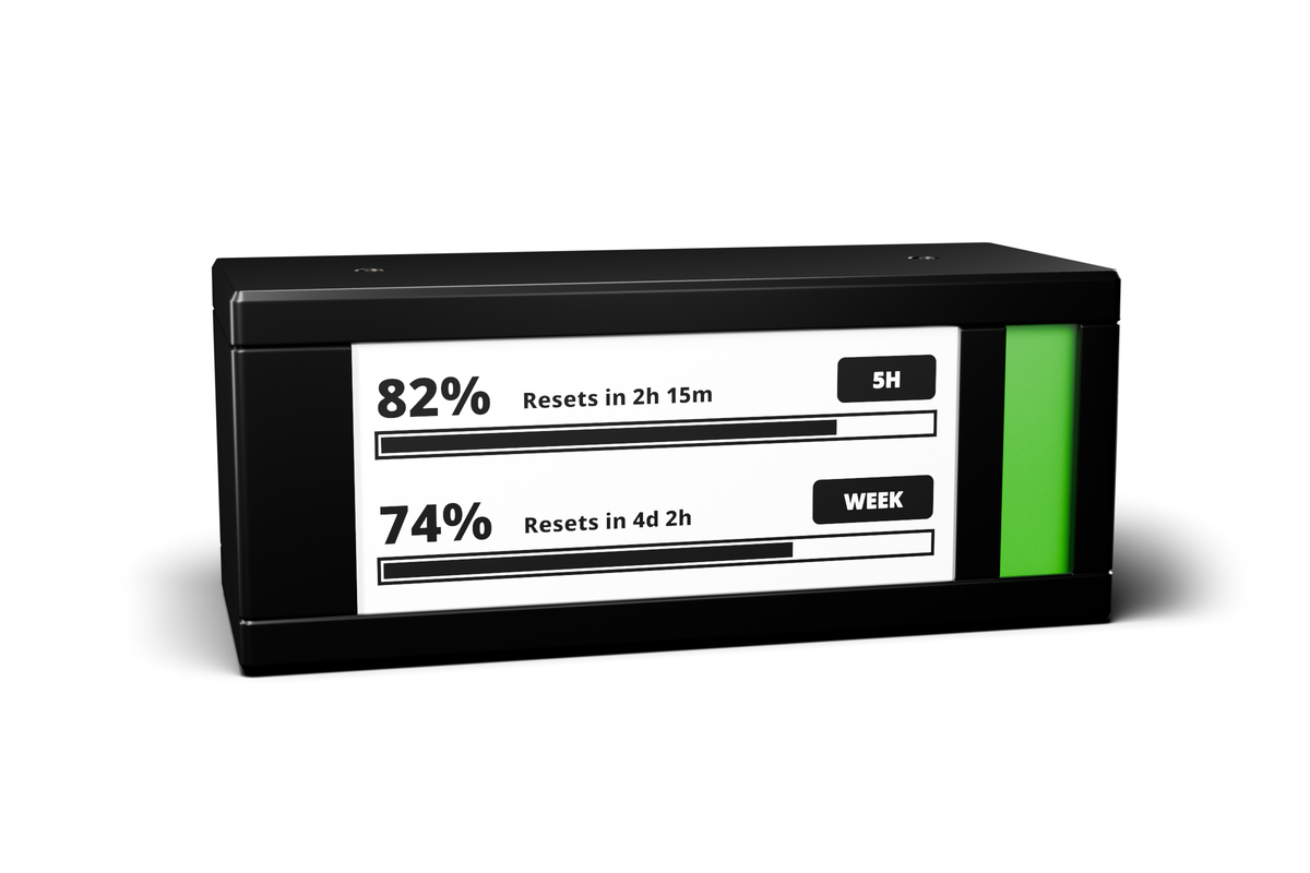 TickrMeter showing Claude allowance: 82% remaining for five hours, resetting in 2h 15m, and 74% remaining for the week, resetting in 4d 2h.
