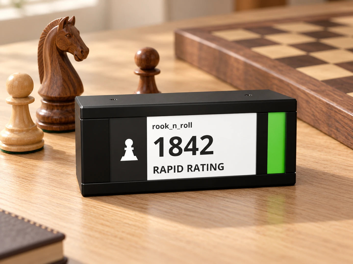 TickrMeter showing a Chess.com Rapid rating of 1842 beside chess pieces